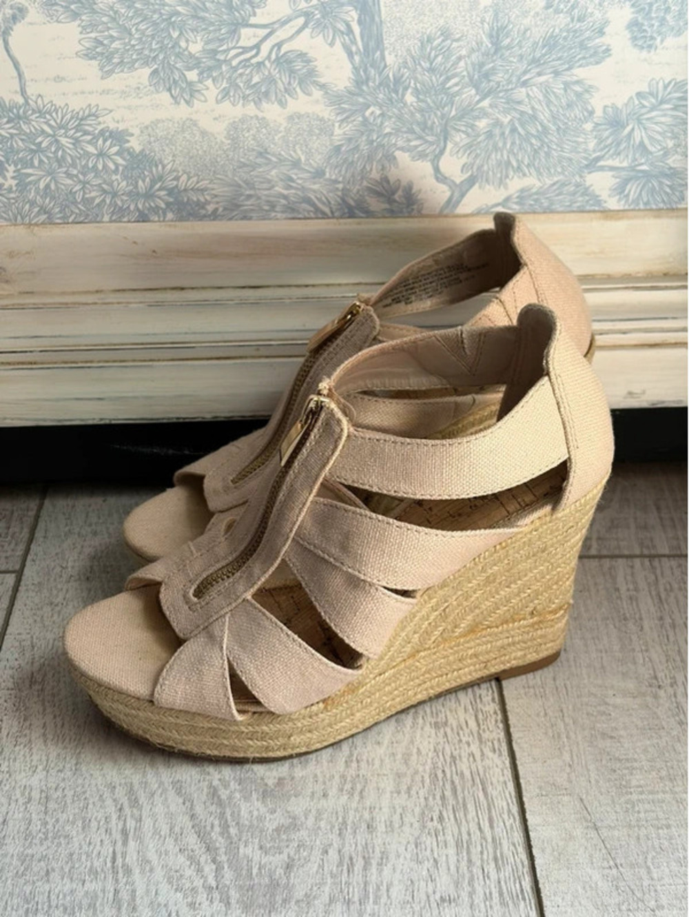 Beige zip up wedges